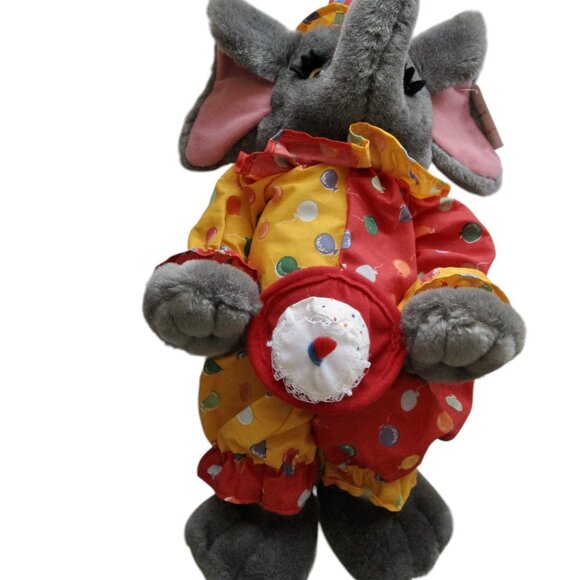 NOS Vintage 90s KellyToy Plush Elephant Clown w Birthday Cake Kuddle Me Tag - Picture 8 of 11